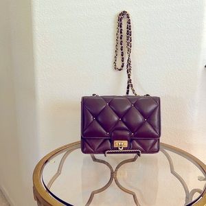 ITALIAN LEATHER QUILTED BAG , brown , long  chain strap